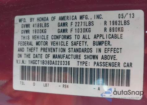 2013 Honda Accord Lx-S from USA, damaged, VIN 1HGCT1B36DA020336